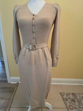 Vintage St. John Beige Long-Sleeve Santana Knit Dress with Decorative Belt